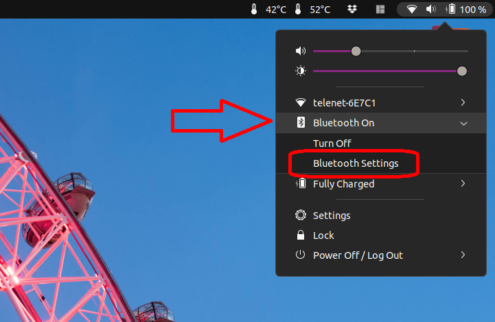 klik op het Bluetooth-pictogram in de status balk