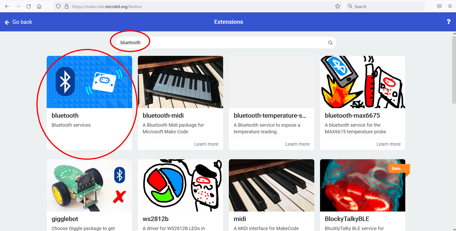 Extensies: zoek en selecteer Bluetooth